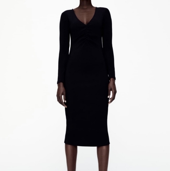 Zara Dresses & Skirts - Zara Knit Ottoman Black Midi V Neck Dress